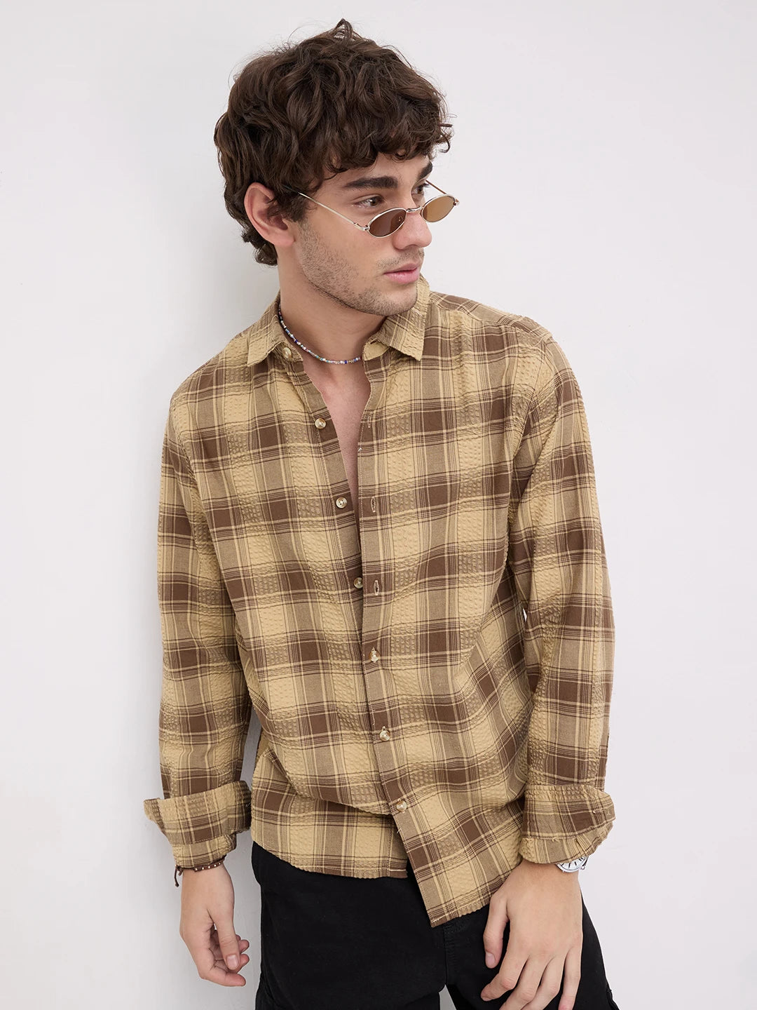 Brown Seersucker Checkered Shirt