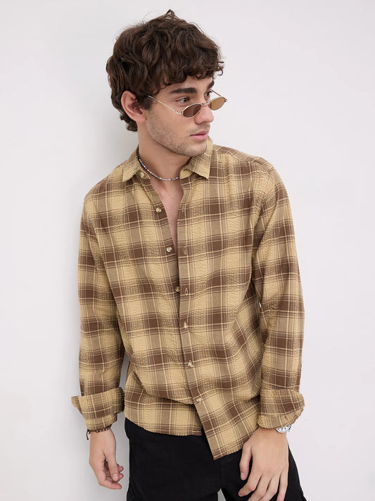 Brown Seersucker Checkered Shirt