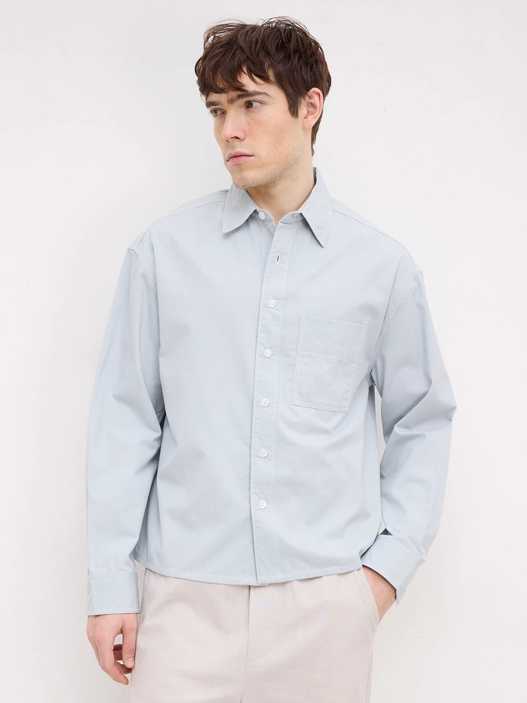 Luxe Baby Blue Boxy Fit Crop Cord Shirt