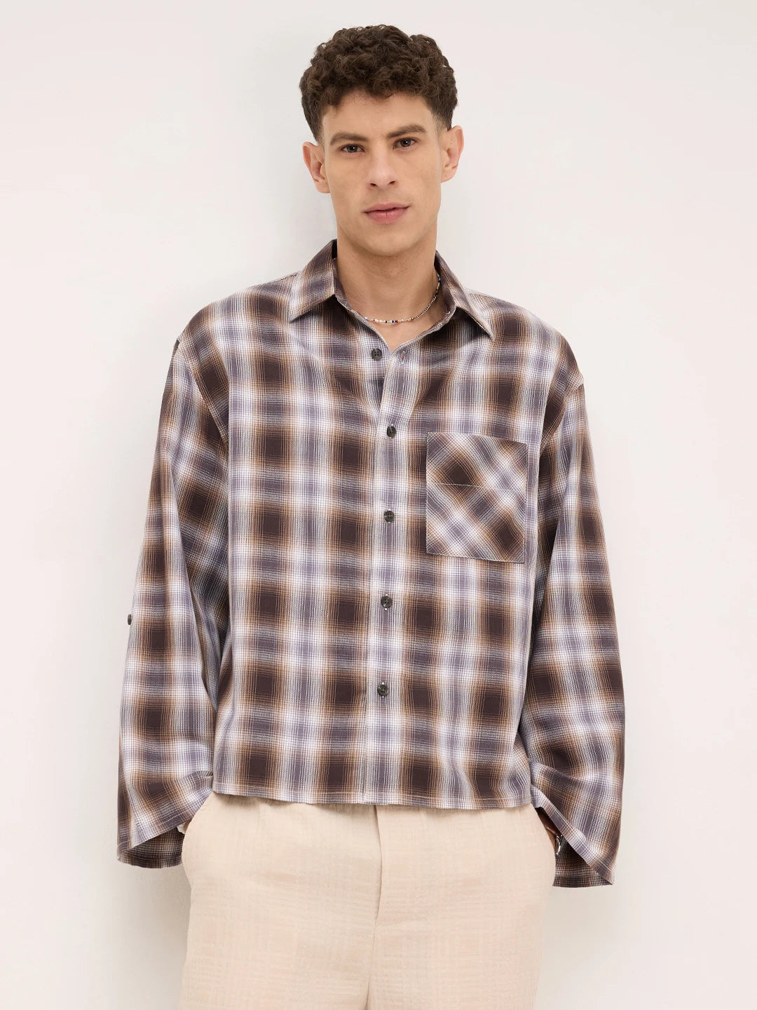 Luxe Brown Plaid Checks Cuffless Oversized Crop Shirt