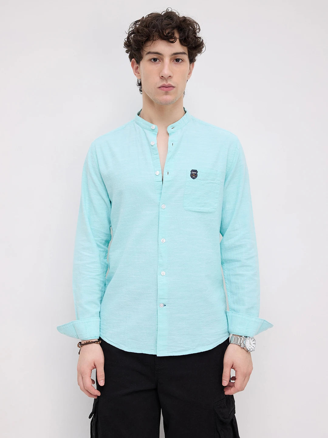 Spring Blue Textured Mandarin Collar Shirt