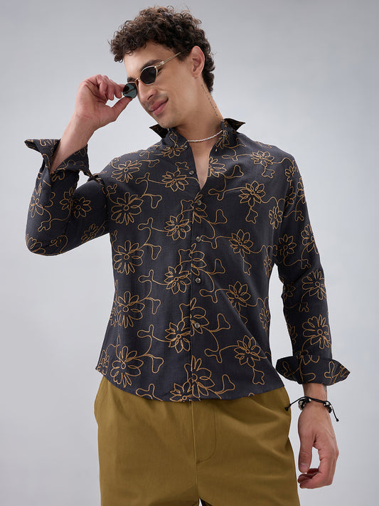 Grey Slub Textured Floral Contrast Embroidered Shirt