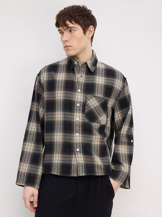 Rich Black & Blue Plaid Checks Cuffless Oversized Crop Shirt