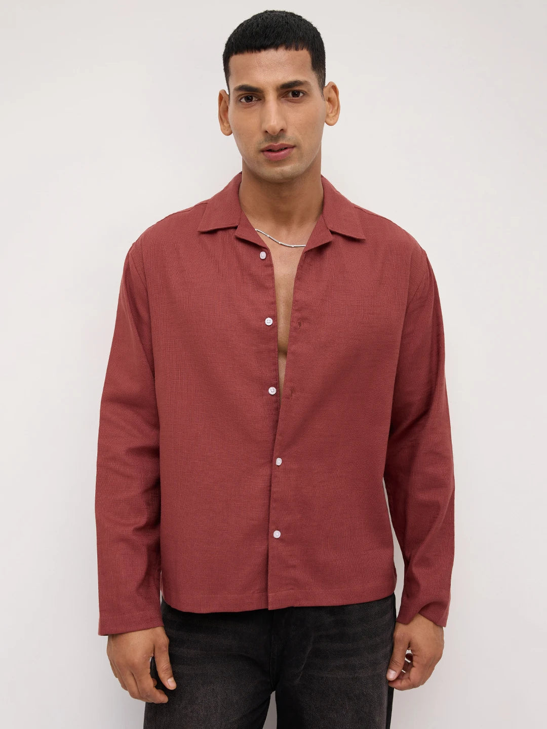 Rust Fine Sheer Slub Textured Oversized Resort Collar Shirt