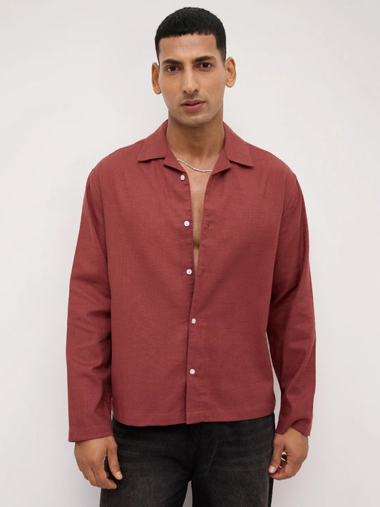 Rust Fine Sheer Slub Textured Oversized Resort Collar Shirt