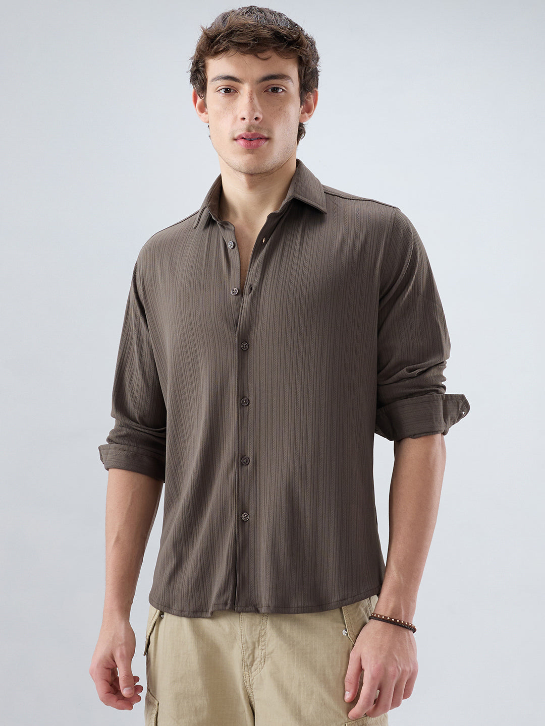 Carbon Grey Fine Vertical Ribbed Knitted Shirt