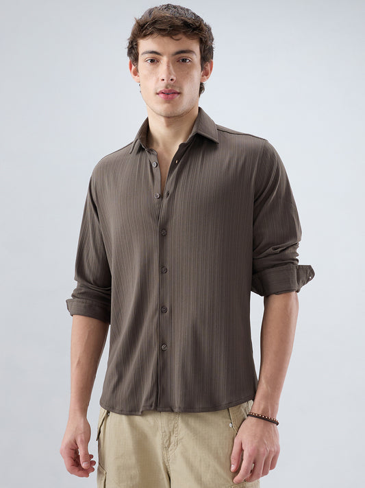 Carbon Grey Fine Vertical Ribbed Knitted Shirt