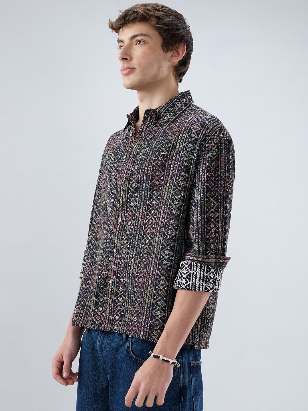 Noor Drop Black Sequin Lozenge Embroidered Boxy Fit Crop Shirt