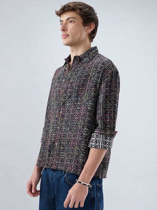 Noor Drop Black Sequin Lozenge Embroidered Boxy Fit Crop Shirt