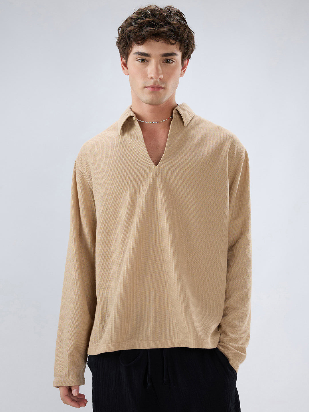 Tan Micro Weave Knitted Oversized Polo Shirt