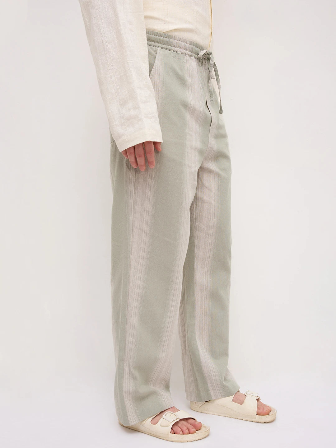 Laurel Green Striped Linen Blend Straight Fit Trousers