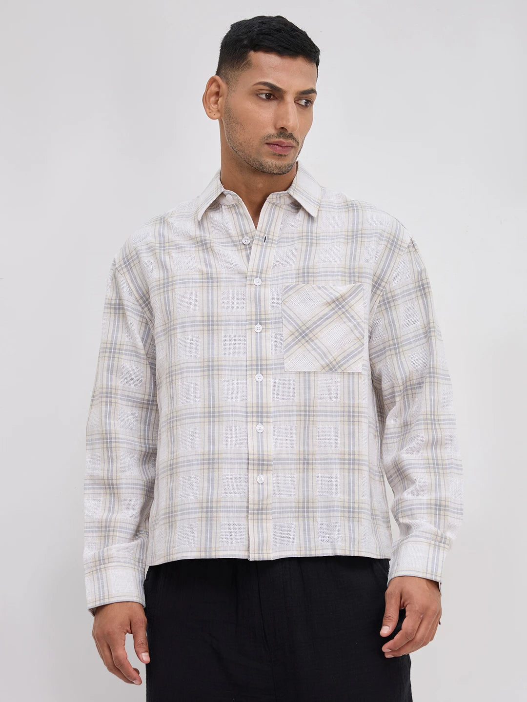 Grey & Ivory Structured Check Weave Boxy Fit Crop Shirt