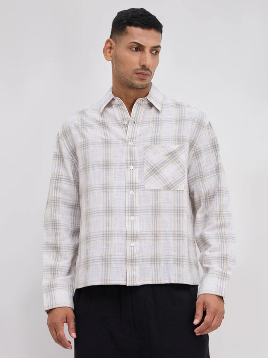 Grey & Ivory Structured Check Weave Boxy Fit Crop Shirt