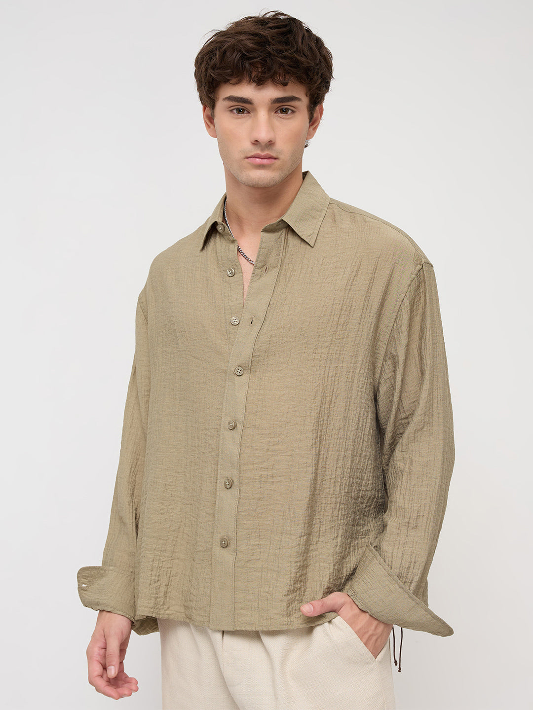 Olive Sheer Crinkled Boxy Fit Crop Shirt