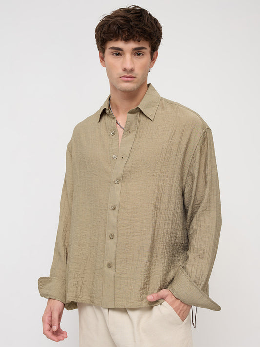 Olive Sheer Crinkled Boxy Fit Crop Shirt