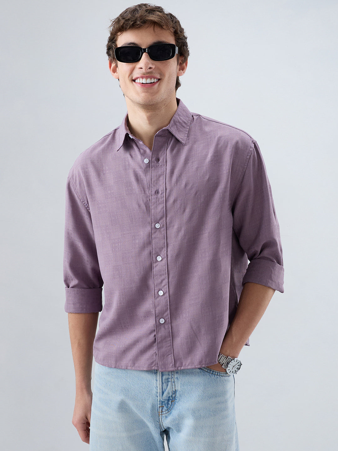 Heather Purple Soft Grid Textured Boxy Fit Crop Shirt