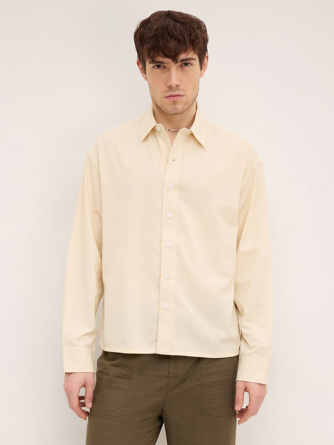 Bisque Beige Lyocell Boxy Fit Crop Shirt