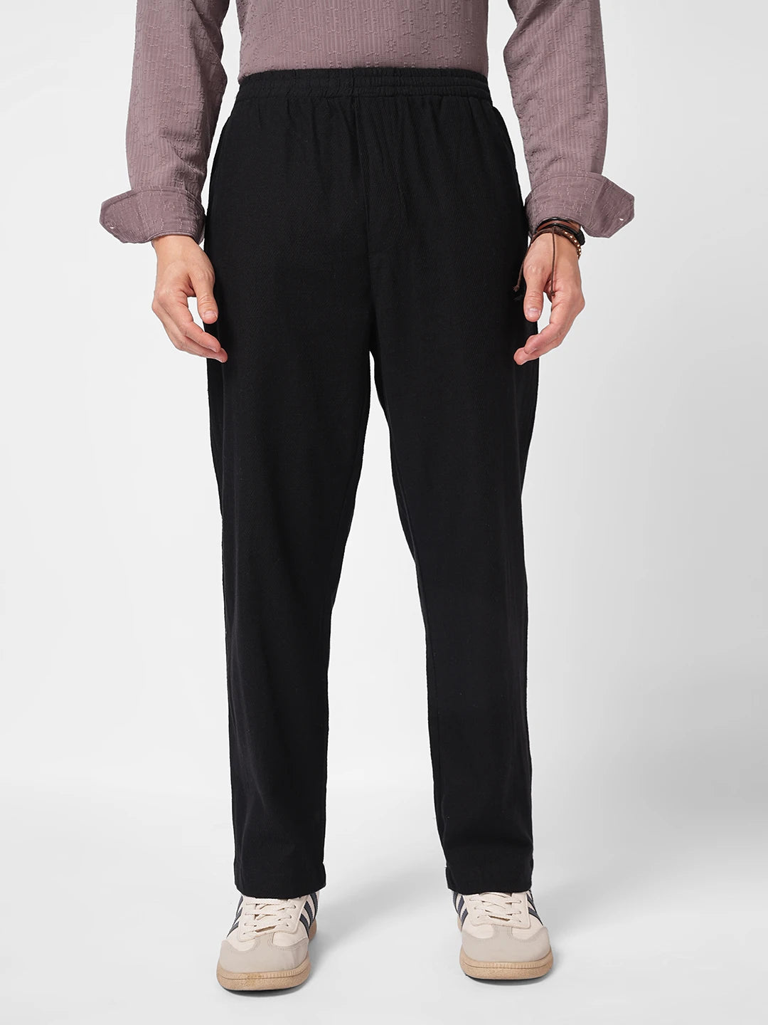 Black Diagonal Twill Textured Tapered Trousers