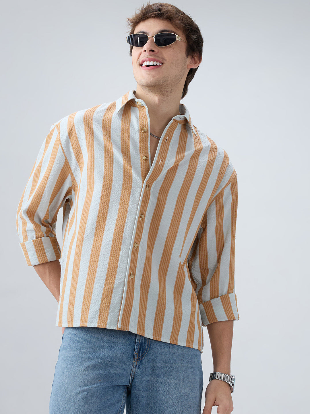 Orange & Blue Seersucker Awning Stripe Boxy Fit Crop Shirt