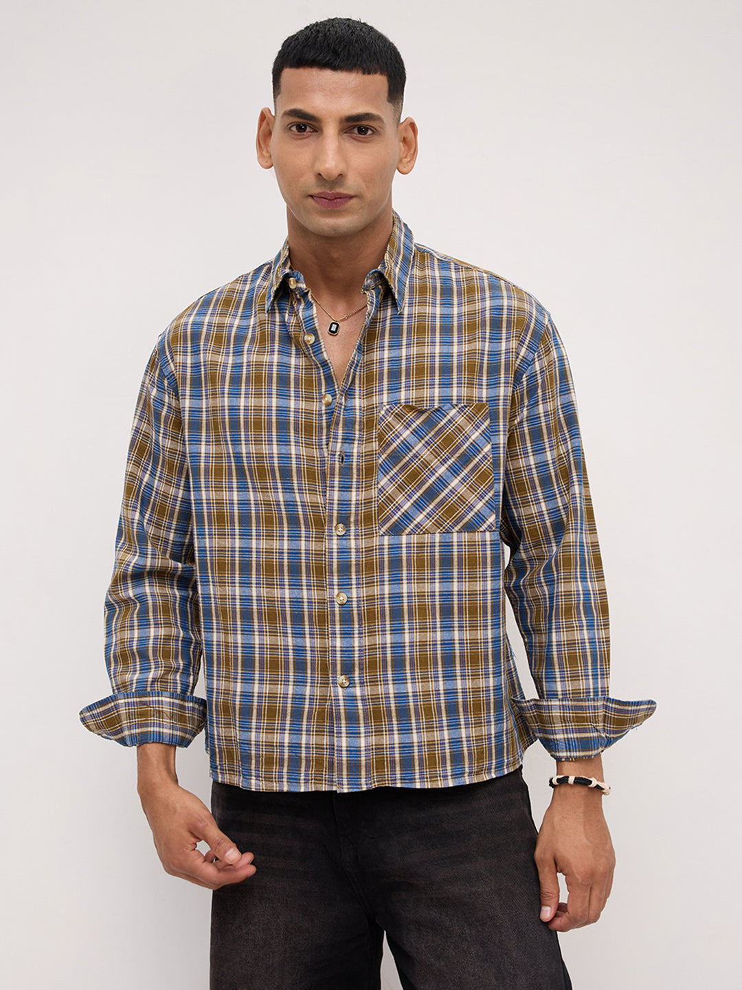 Denim Blue & Olive Checks Linen Blend Boxy Fit Crop Shirt