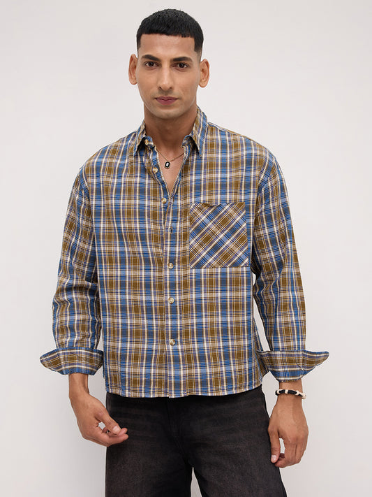 Denim Blue & Olive Checks Linen Blend Boxy Fit Crop Shirt