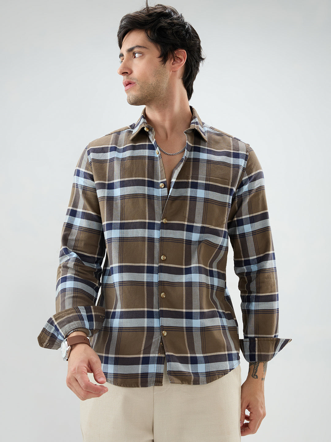 Brown & Navy Tartanique Checked Shirt