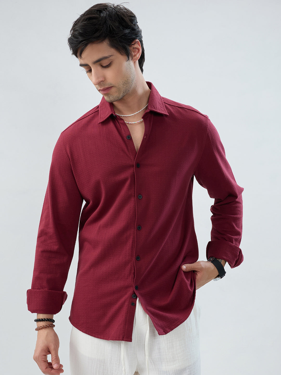 Berry Red Subtle Textured Knit Shirt