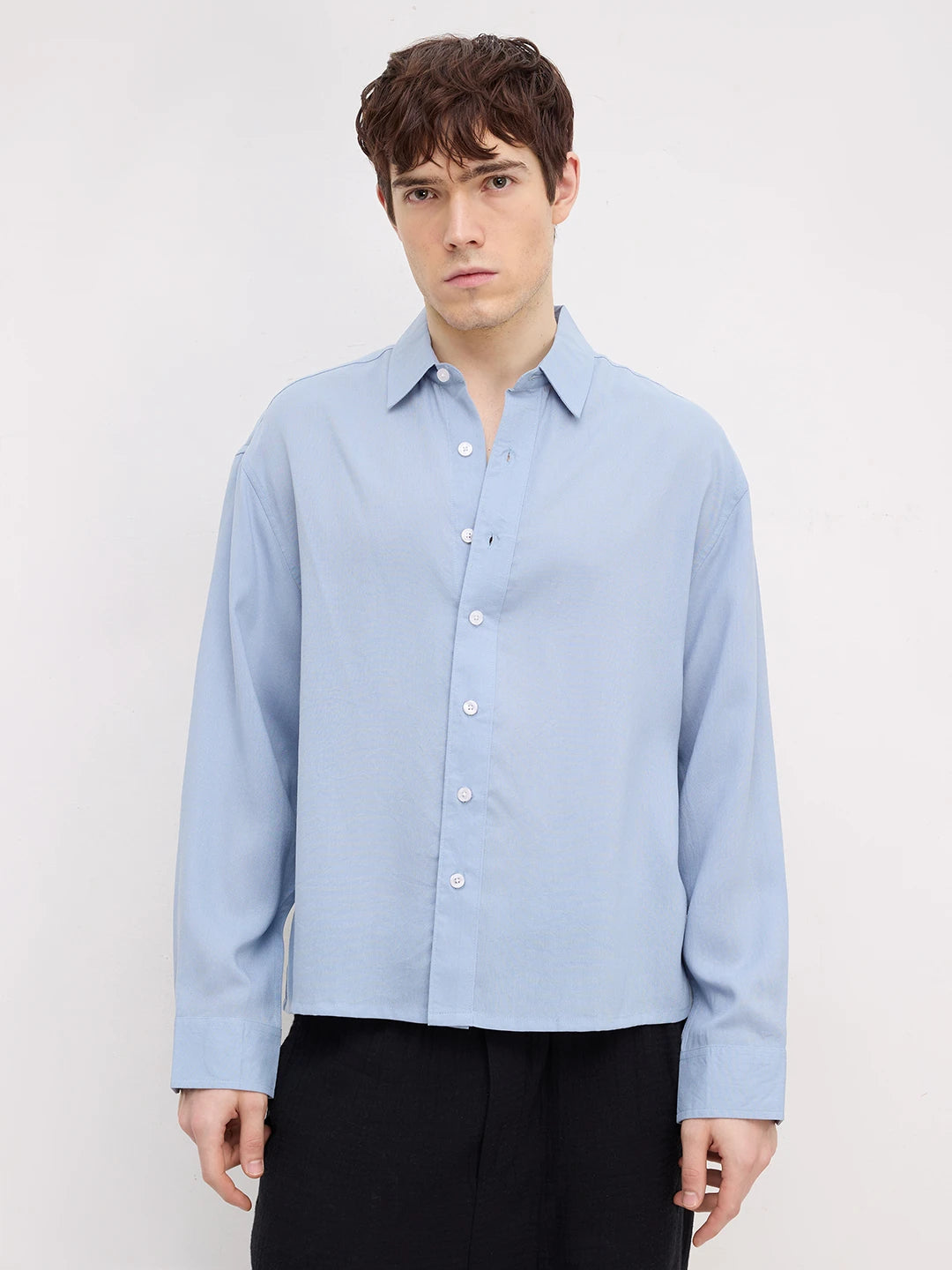 Classic Powder Blue Boxy Fit Crop Shirt