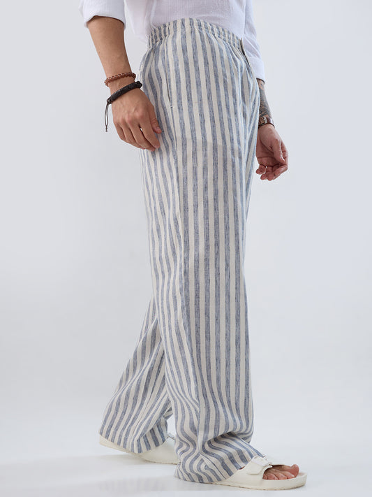 White & Navy Linen Blend Wide-Leg Trousers