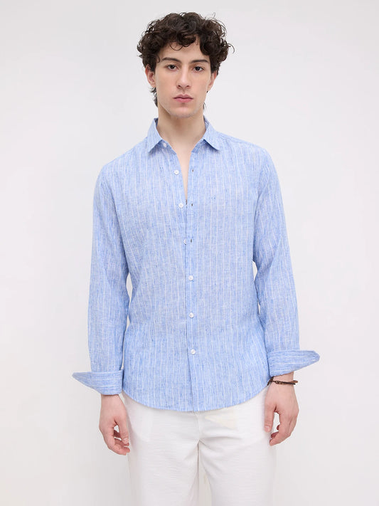 Trendy Blue Melange Vertical Striped Shirt
