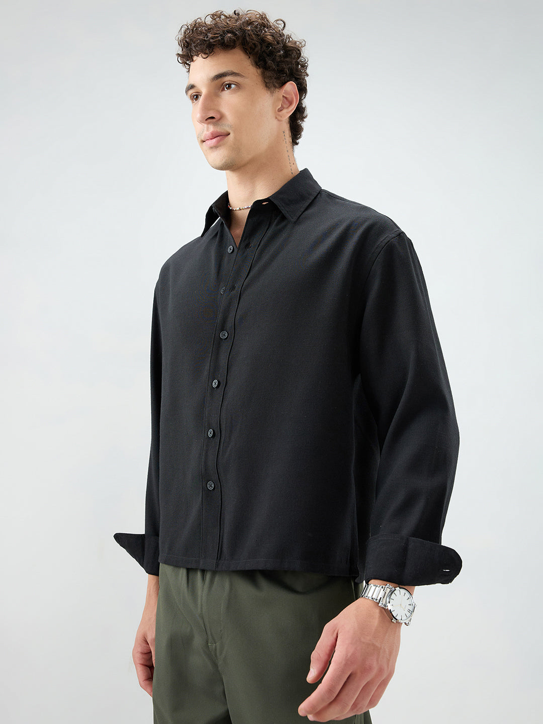 Pure Black Smooth Weave Boxy Fit Crop Shirt