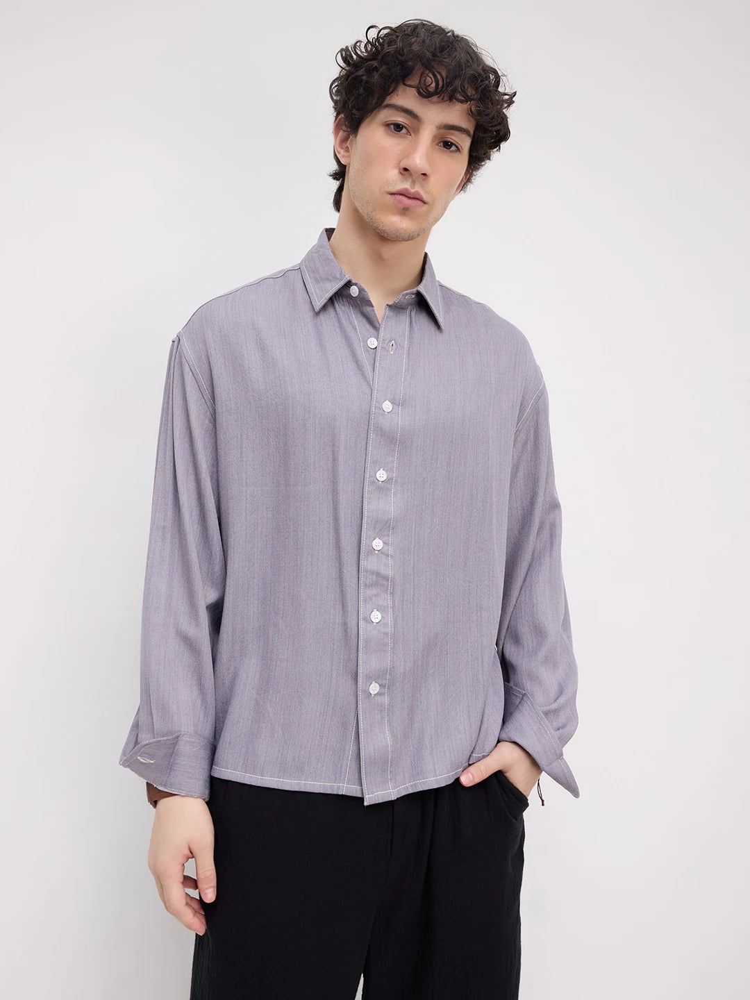 Rich Graphite Grey Softgrain Weave Boxy Fit Crop Shirt