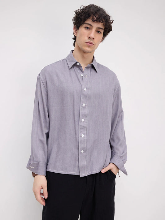 Rich Graphite Grey Softgrain Weave Boxy Fit Crop Shirt