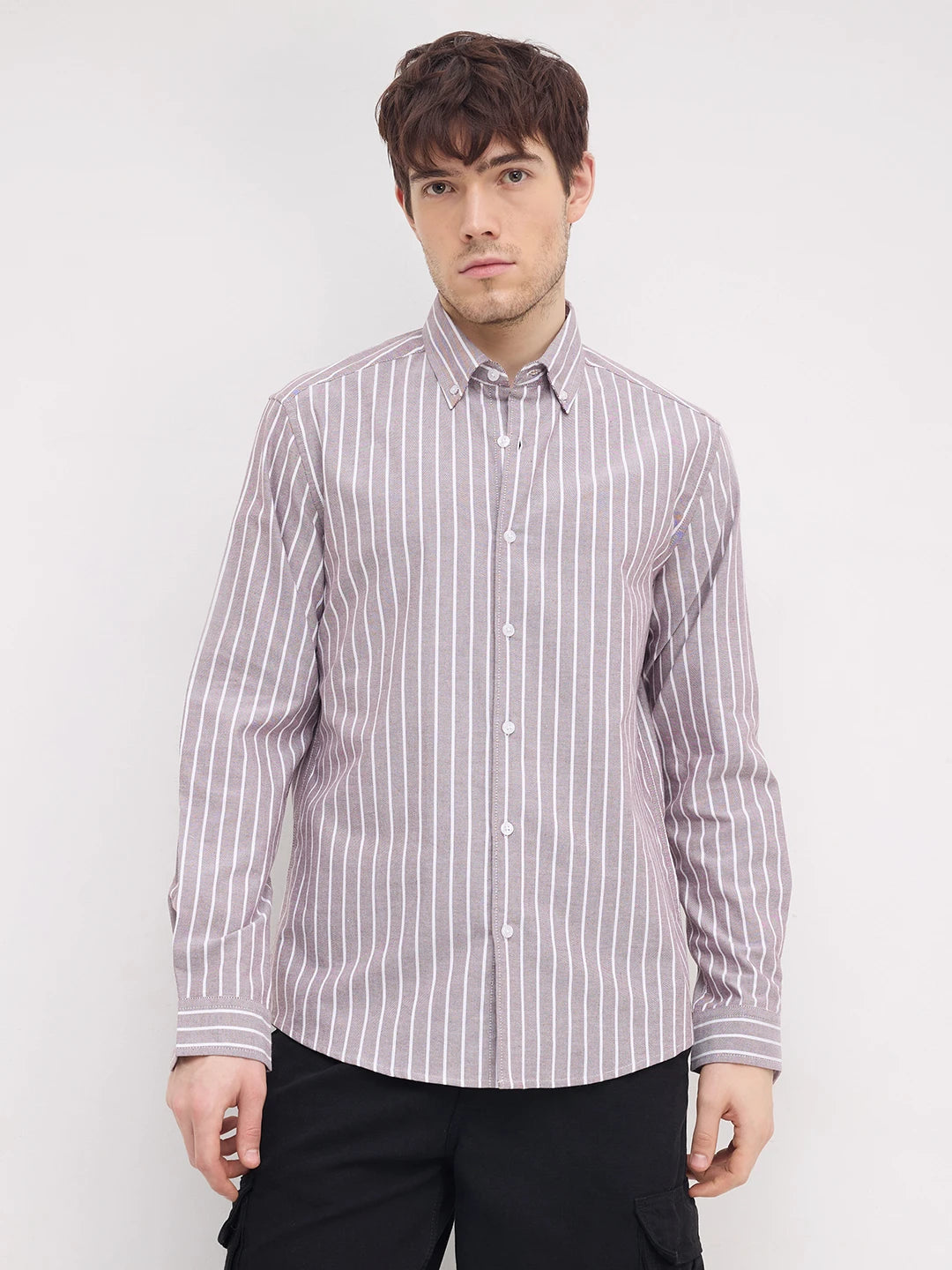 Brick Brown Candy Striped Oxford Button-Down Collar Shirt