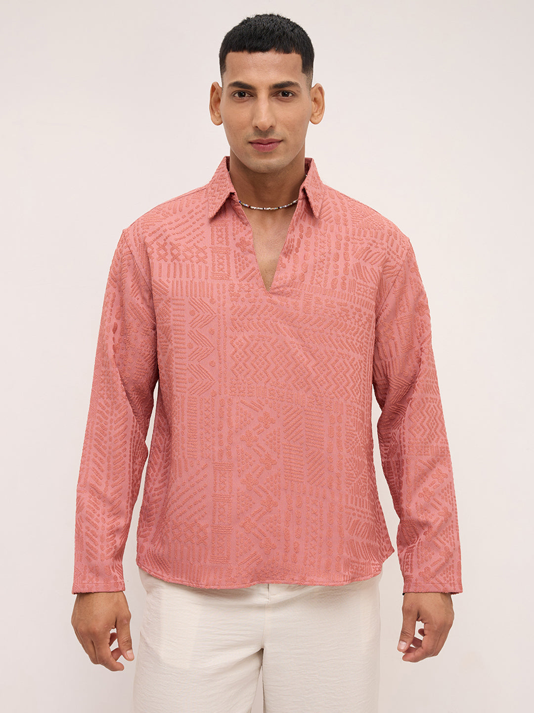 Intricate Soft Coral Textured Oversized Polo Neck Shirt