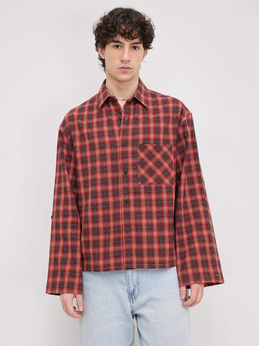 Luxe Rustic Redwood Plaid Edition Cuffless Oversized Crop Shirt