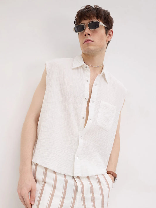 Iconic Frost White Sleeveless Cropped Shirt