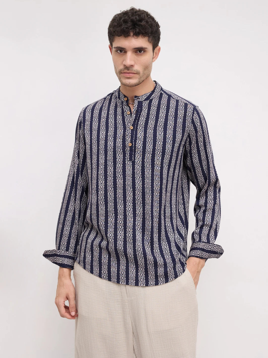 Navy & White Ethnic Motifs Printed Kurta