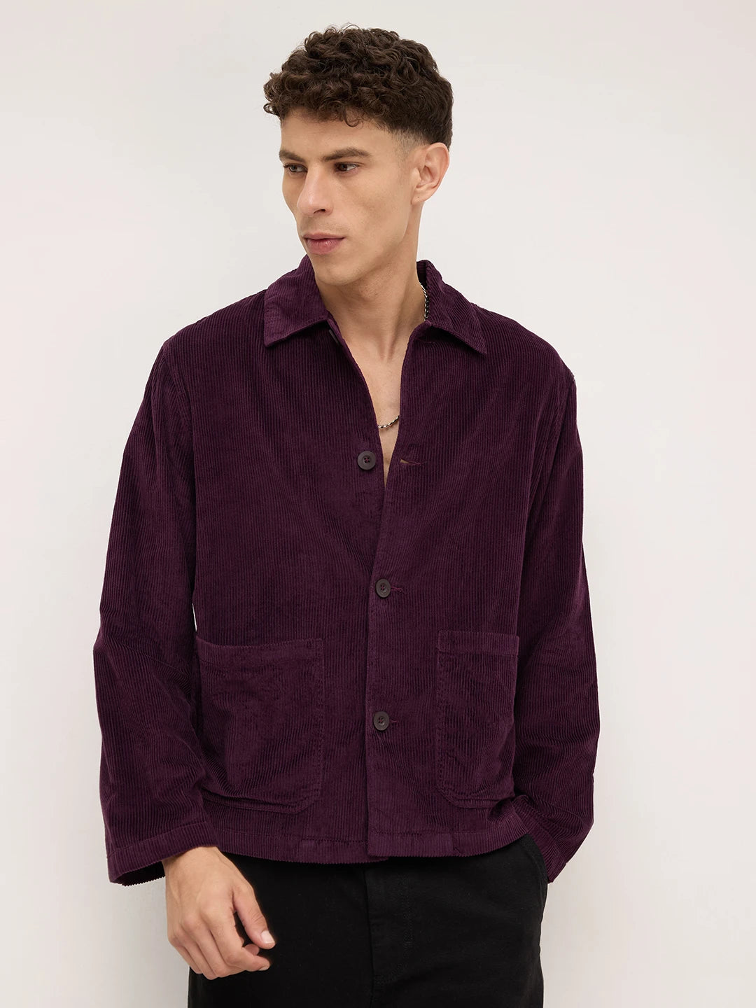 Exquisite Wine Corduroy Double Pocket Oversized Shacket