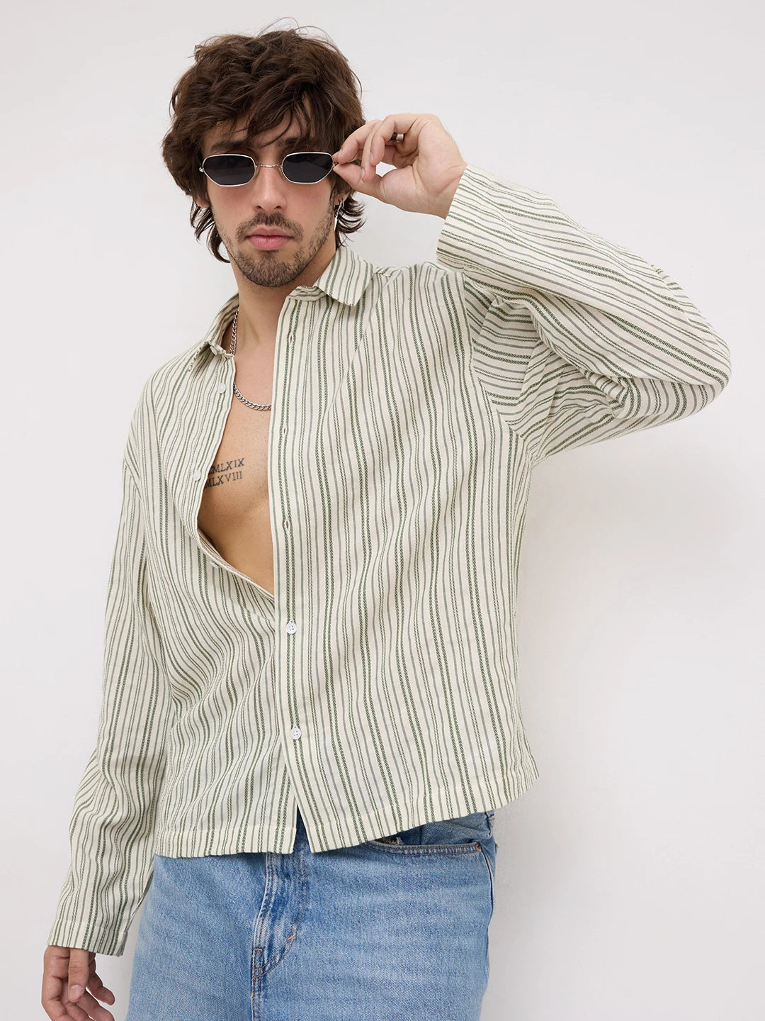 Sage Green Chainstriped Cuffless Oversized Shirt