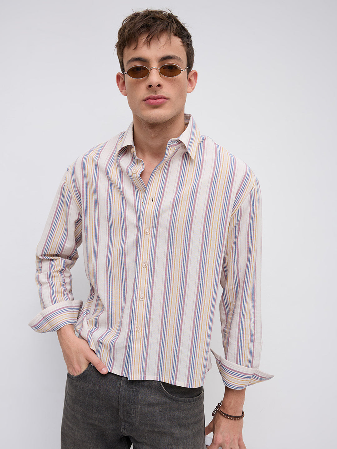 Ornate Multicolor Striped Linen Blend Boxy Fit Crop Shirt