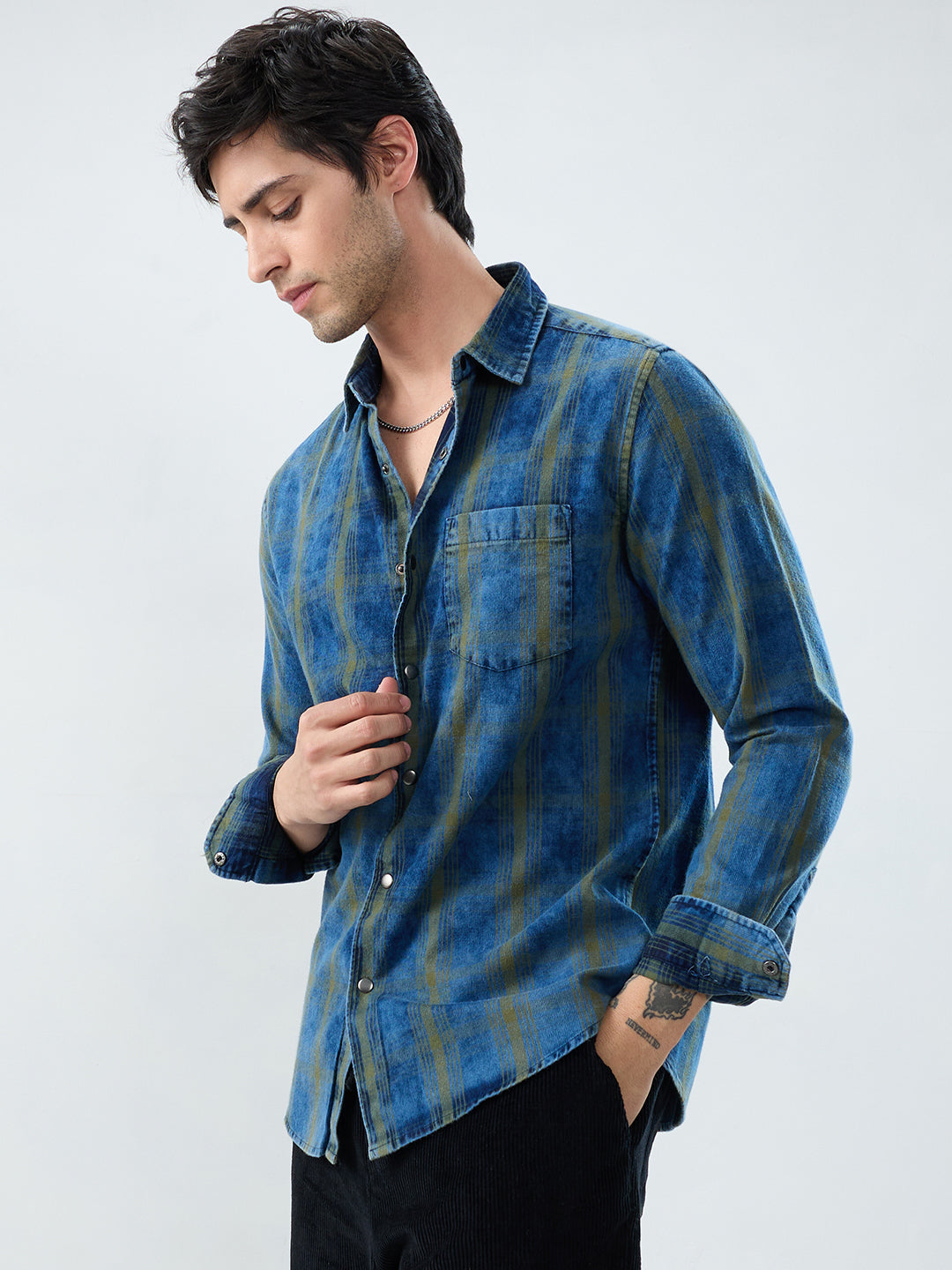 Versatile Navy & Green Denim Plaid Checks Shirt