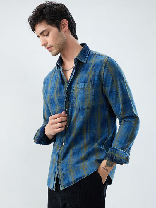 Versatile Navy & Green Denim Plaid Checks Shirt