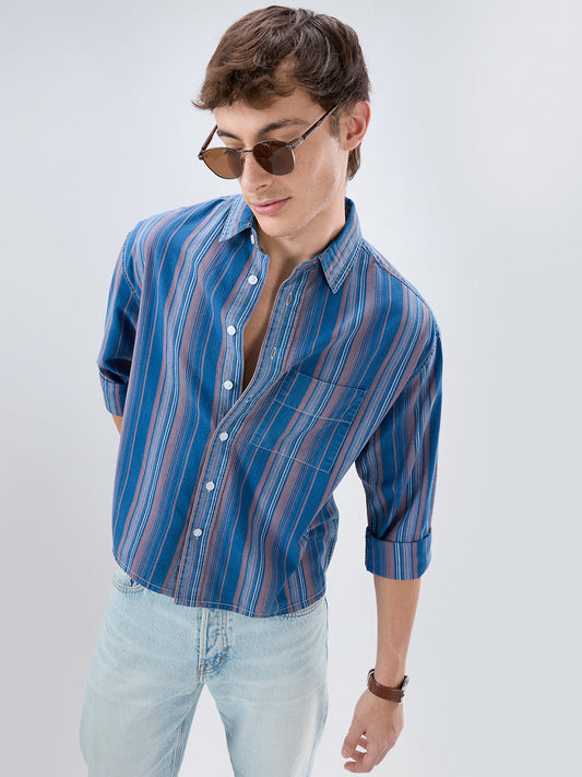 Premium Denim Coastal Blue Multi-Stripe Boxy Fit Crop Shirt