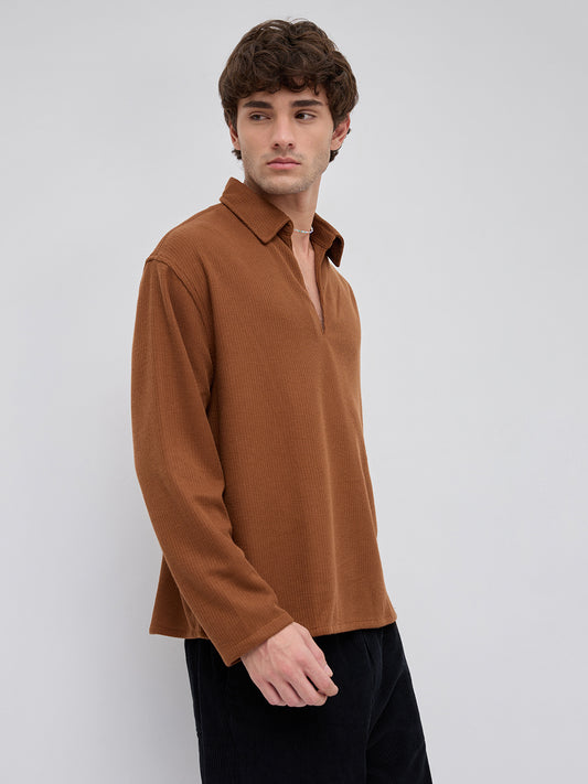 Brown Micro Weave Knitted Oversized Polo Shirt