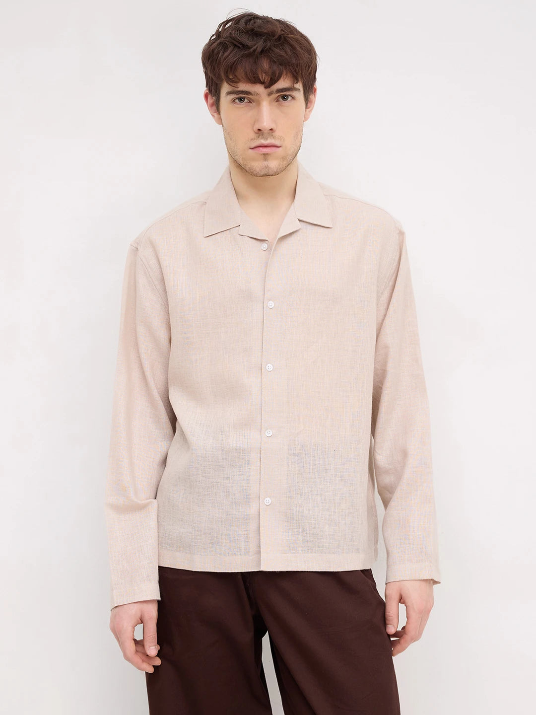 Soft Khaki Sheer Textured Notch Collar Oversized Vacation Shirt
