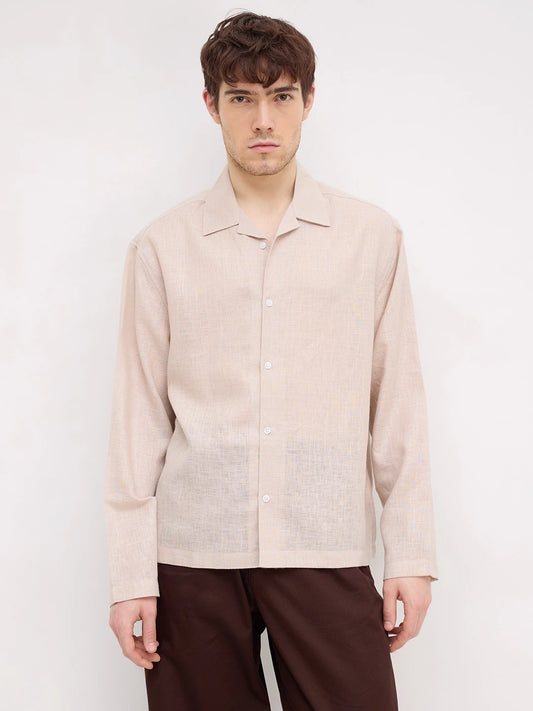 Soft Khaki Sheer Textured Notch Collar Oversized Vacation Shirt