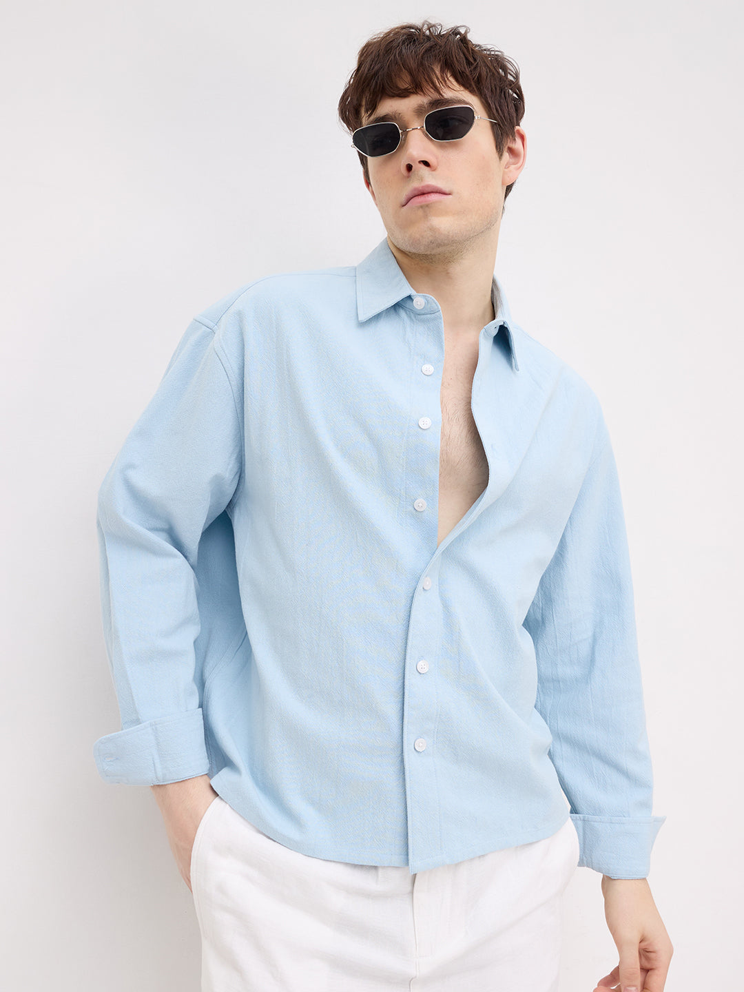 Refreshing Aqua Blue Solid Boxy Fit Crop Shirt