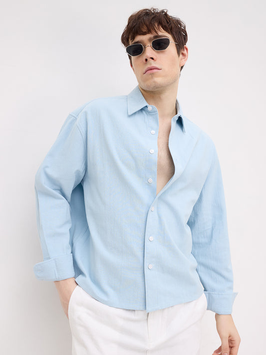 Refreshing Aqua Blue Solid Boxy Fit Crop Shirt