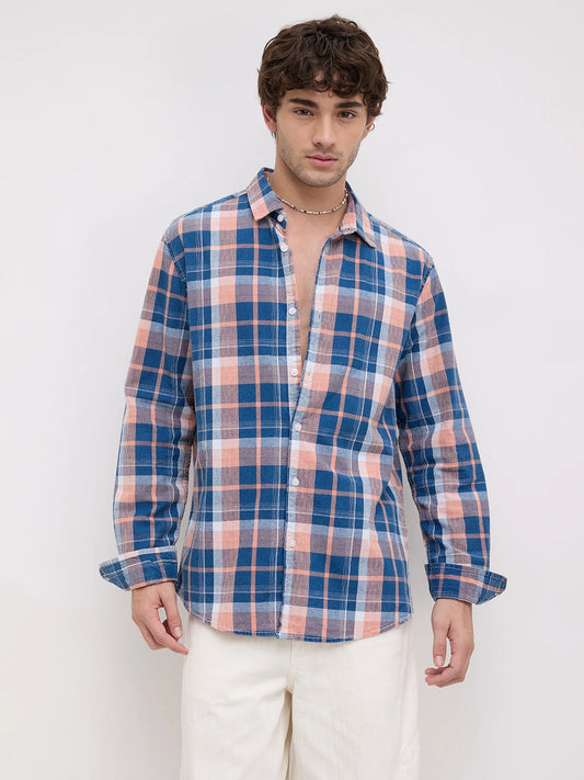 Denim Blue & Pink Multi Line Block Checks Shirt